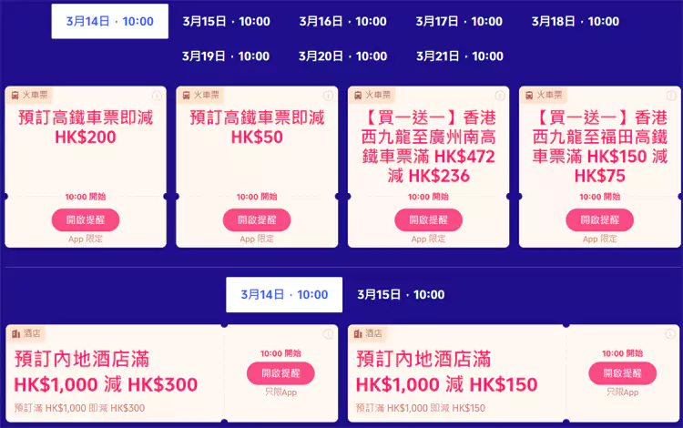 活動期間每日均有高鐵優惠代碼可搶，3月14和15日還有酒店優惠代碼可搶。