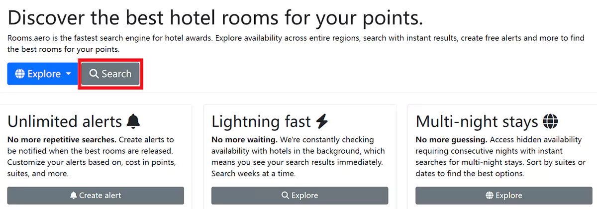 在Rooms.aero直接查詢酒店點數房可用性