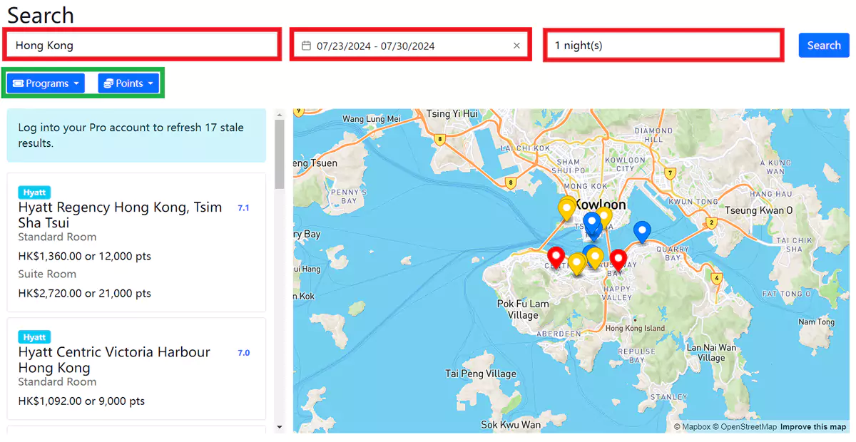 在Rooms.aero直接查詢酒店點數房可用性的搜索結果，填寫篩選框以獲取最終結果