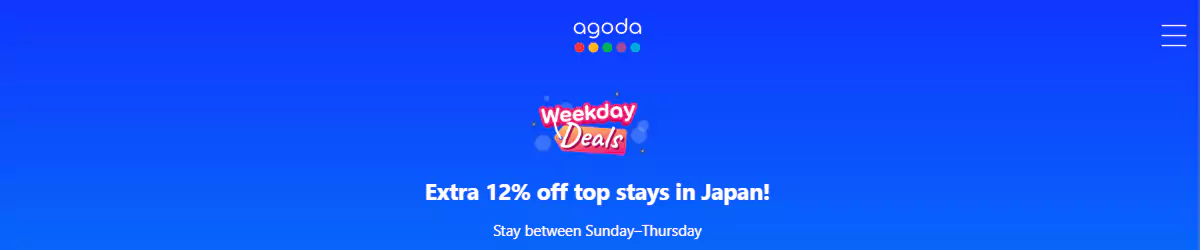 Agoda 優惠：預訂日本周日-週四住宿可享額外88折（24/12/31前預訂）