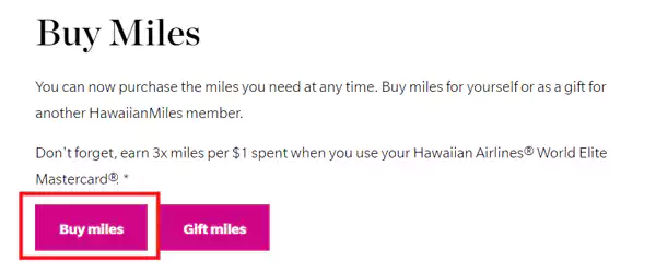 打开夏威夷航空里程购买链接，然后在页面中间找到“Buy Miles”按钮
