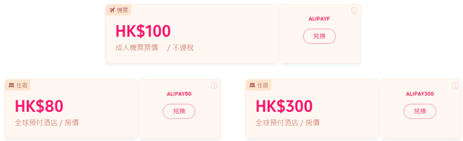 Trip.com X Alipay Hk 優惠碼總計有3個，分別是機票Hk$100優惠，酒店Hk$300優惠和Hk$80優惠