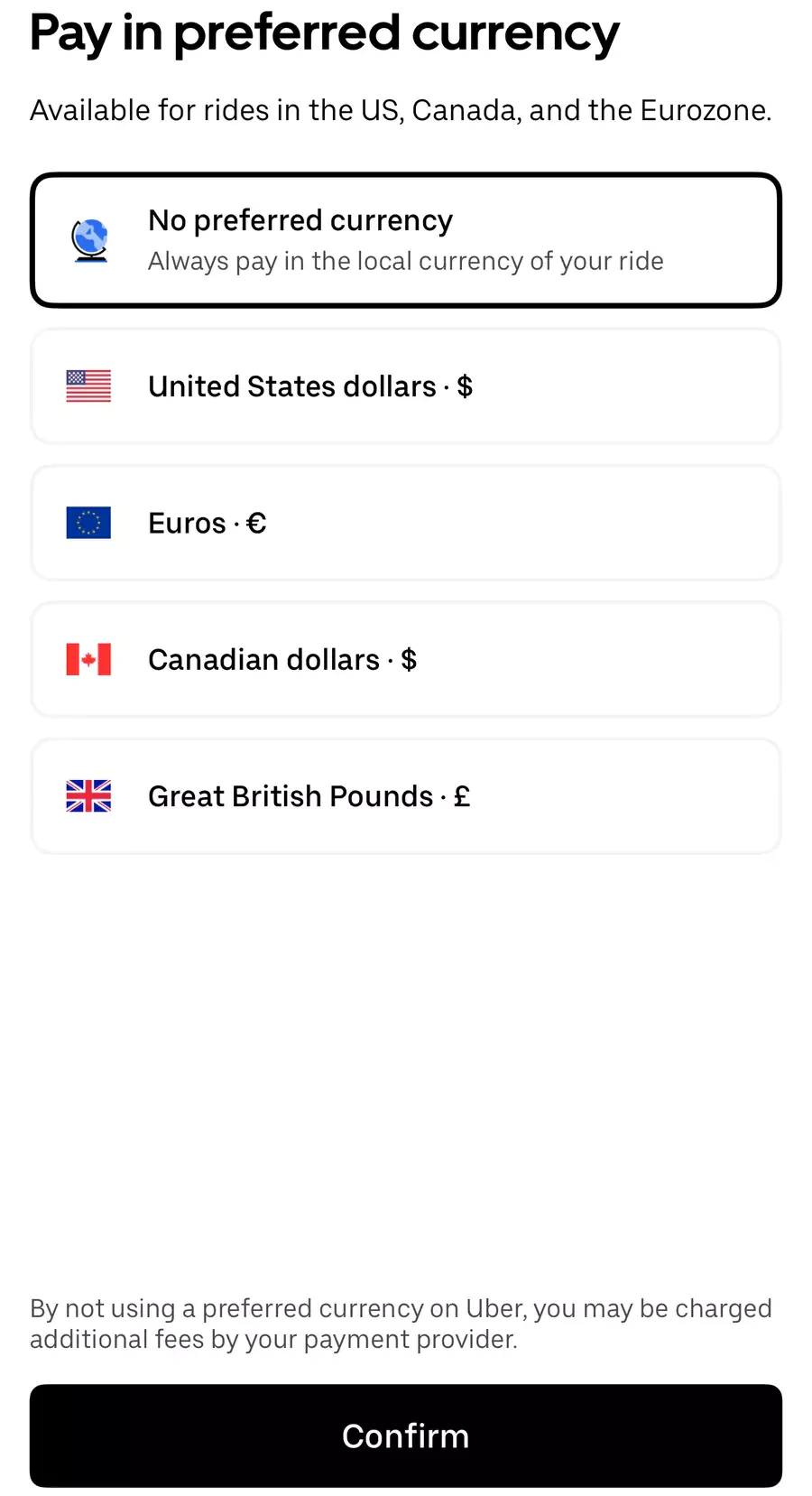 Uber 設置 No Preferred Currency 來避免被收取附加費