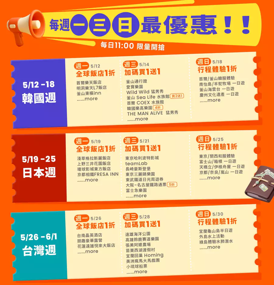 12-28日為韓國周，19-25日為日本周，26-6月1日為臺灣周