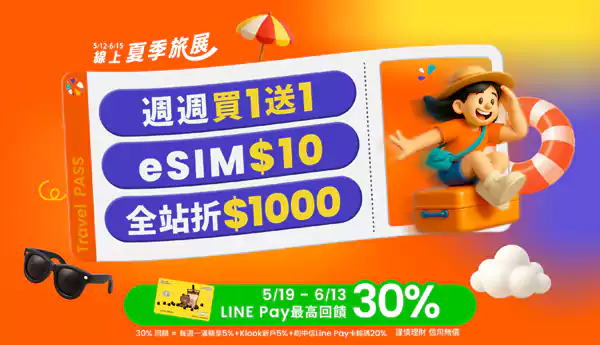 Klook 活動：2025年線上夏季旅展，周周買一送一，搶$1000優惠券