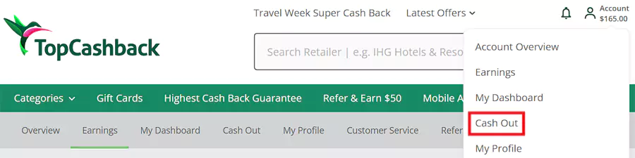 在我的帳戶“Cash Out”，點“Cash Out”提取返現