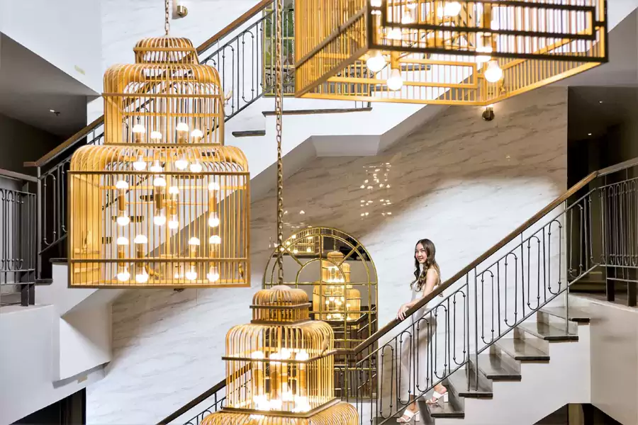 抬头就是悬在旋转楼梯中央的金色鸟笼吊灯 抬头就是悬在旋转楼梯中央的金色鸟笼吊灯