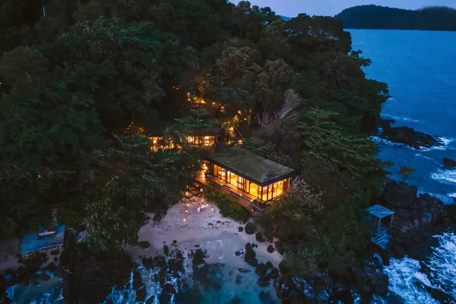 遠遠望去，建築仿佛從叢林裡自然生長出來