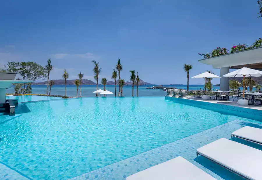 宝石蓝的泳池与低矮的热带植被相映成趣